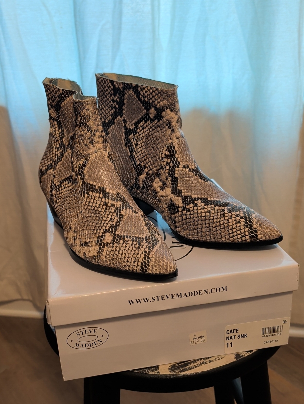 Steve Madden Snake-Print Pointed Ankle Booties in Natural and Black